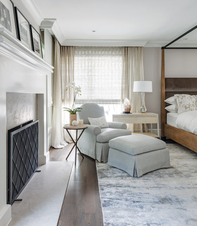 A fireplace beckons in the master bedroom. INTERIOR DESIGN: Monarch Design DC PHOTOGRAPHY: Lydia Cutter