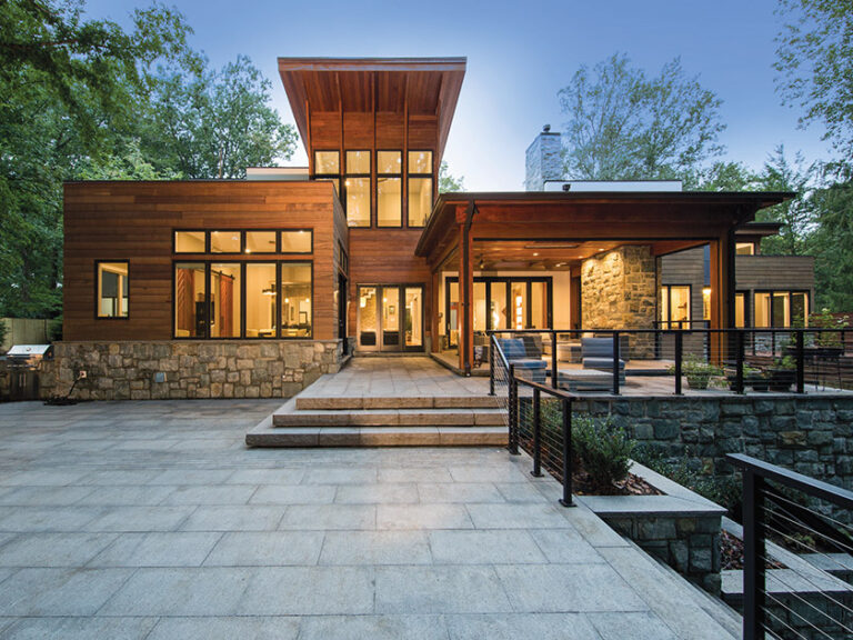 Imported slabs of custom-cut granite enhance the modern architecture of a Great Falls home. LANDSCAPE ARCHITECTURE: Colao & Peter, Luxury Outdoor Living PHOTOGRAPHY: JIMI SMITH