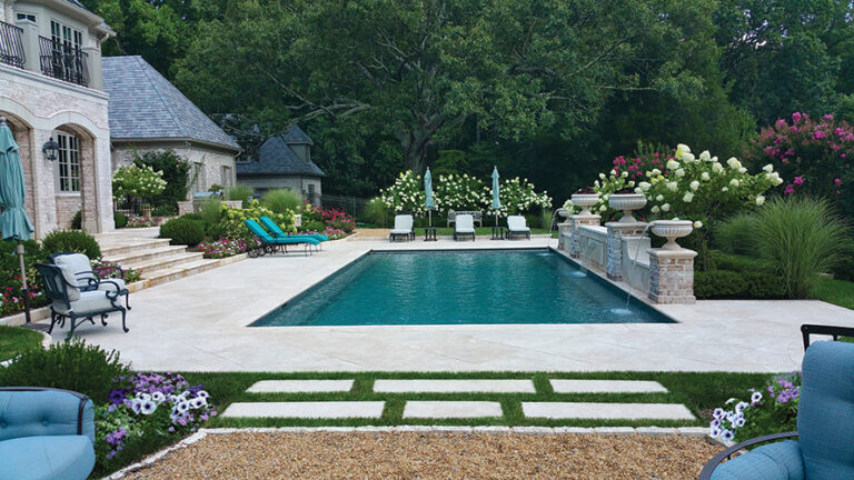 A Great Falls pool was rehabbed to create a classic and intimate space using custom imported stone, water features and elegant plant material. LANDSCAPE ARCHITECTURE: Colao & Peter Outdoor Environments