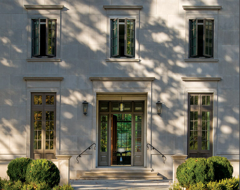 Overlooking Washington’s Rock Creek Park. the Linnean House combines classic proportions and a limestone façade; this new home received a John Russell Pope Award from the Mid-Atlantic chapter of the Classical Institute of Architecture and Art as well as an NKBA Award for the master bathroom. ARCHITECTURE: Donald Lococo Architects, LLC PHOTOGRAPHY: JOHN COLE