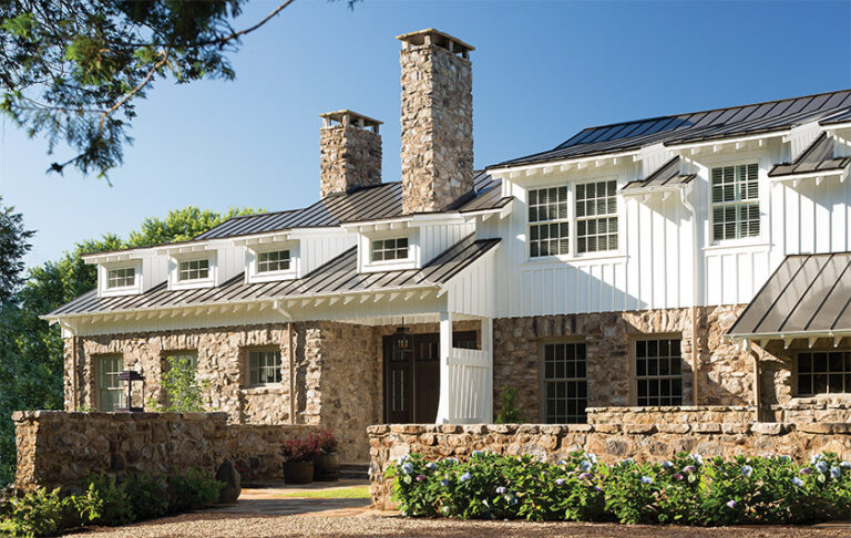 Featured in numerous magazines and on two covers, the new American Farmhouse contrasts rough stone with crisp, white board-and-batten siding. ARCHITECTURE: Donald Lococo Architects, LLC PHOTOGRAPHY: PAUL WARCHOL