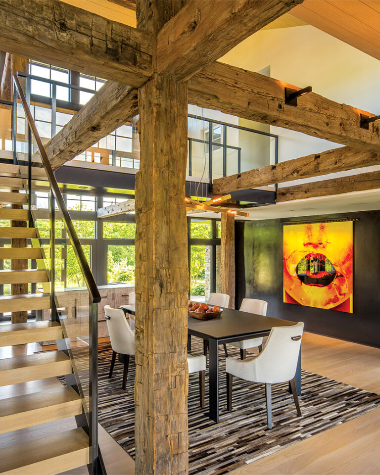 Repeatedly published, the Modern Mill home in Leesburg, Virginia, references the architecture of waterway mills. Hand-hewn timbers counterpoint modern detailing with warm windows and stairways in this industrial revival. These elements allow the new home to be inviting while remaining modern and fresh. ARCHITECTURE: Donald Lococo Architects, LLC PHOTOGRAPHY: MAXWELL MACKENZIE