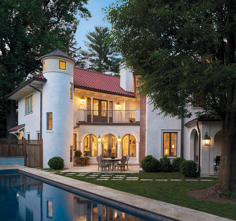 A slim lap pool rests on a raised, quartzite terrace that flows into a home designed by BarnesVanze Architects in DC’s Wesley Heights.LANDSCAPE ARCHITECTURE: Horn & Co. PHOTOGRAPHY: ANICE HOACHLANDER
