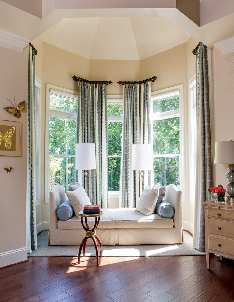 Tall draperies add drama and height to a cupola niche with a comfy daybed. INTERIOR DESIGN: Lorna Gross Interior Design PHOTOGRAPHY: Angie Seckinger