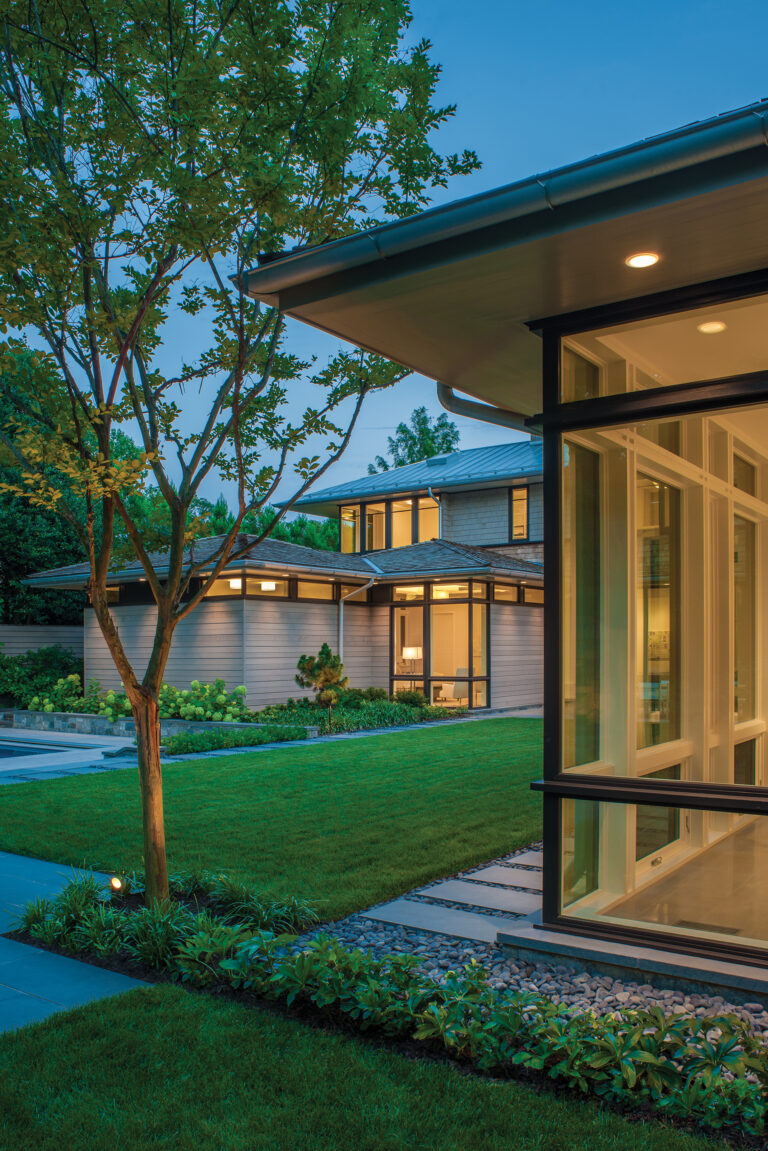 Extended overhangs offer solar protection for the interiors and an opportunity for exterior lighting.
