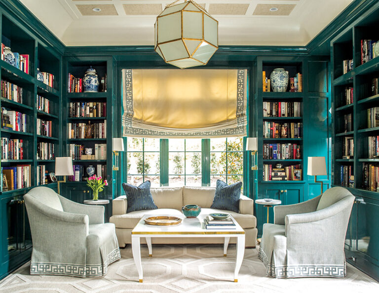 A color-drenched library features lacquered millwork and a custom carpet by Skip Sroka. INTERIOR DESIGN: Sroka Design Incorporated PHOTOGRAPHY: ERIK KVALSVIK