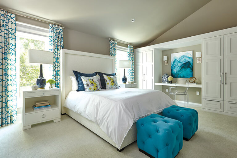A sophisticated guest room with built-in storage and office components prove homeowners can balance work and style.  INTERIOR DESIGN: Sroka Design Incorporated PHOTOGRAPHY: Timothy Bell