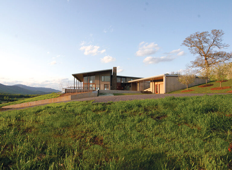 To achieve energy efficiency, a weekend home with panoramic river valley views employs a mix of passive design and technology, from generous roof overhangs and living roofs to foam insulation and a geothermal system. ARCHITECTURE: Carter + Burton Architecture, PLC PHOTOGRAPHY: Daniel Afzal