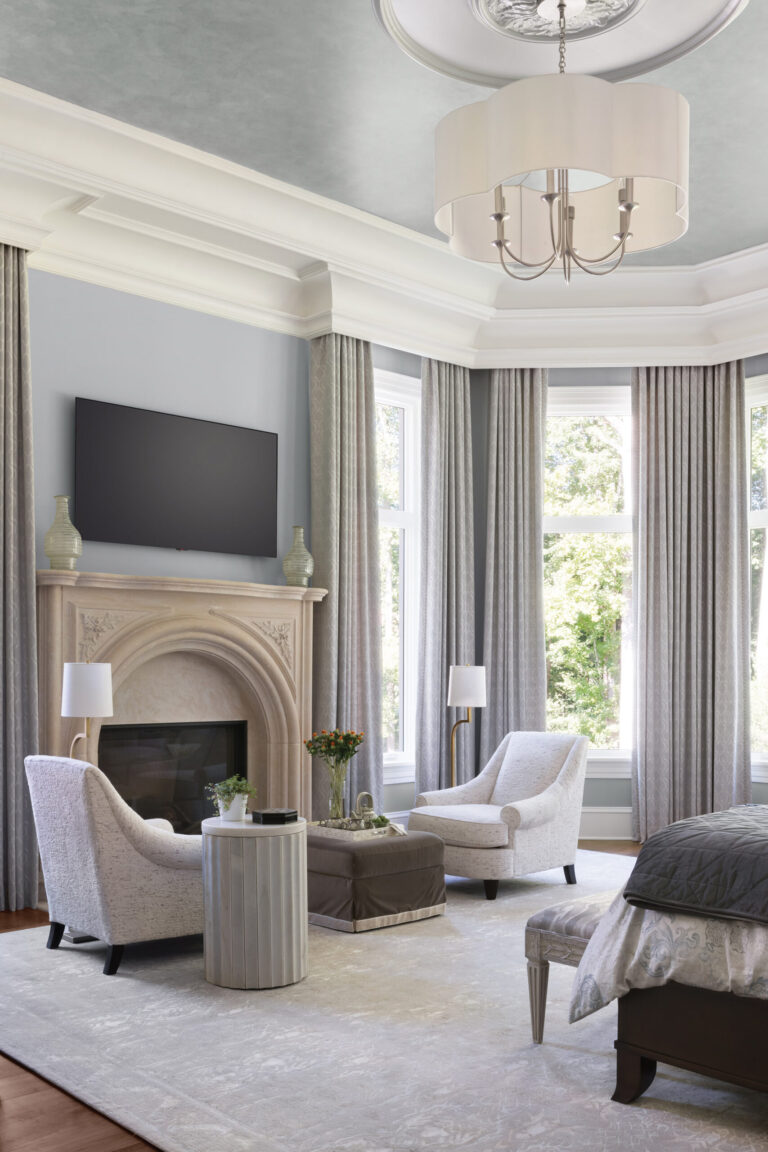 Interior Concepts, Inc., recently completed a new Great Falls home, combining gracious spaces that revolve around entertaining and intimate spots for family gatherings. Luxe finishes and furnishings are celebrated throughout the residence. The serene primary bedroom features light, lush fabrics and a ceiling glazed in metallic tones. INTERIOR DESIGN: Interior Concepts, Inc. PHOTOGRAPHY: Stylish Productions