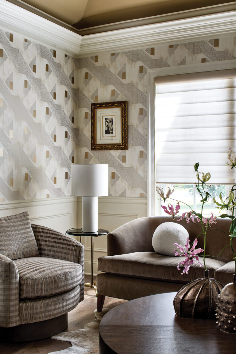 An eye-catching combination of textures and patterns adds interest to a sitting area.