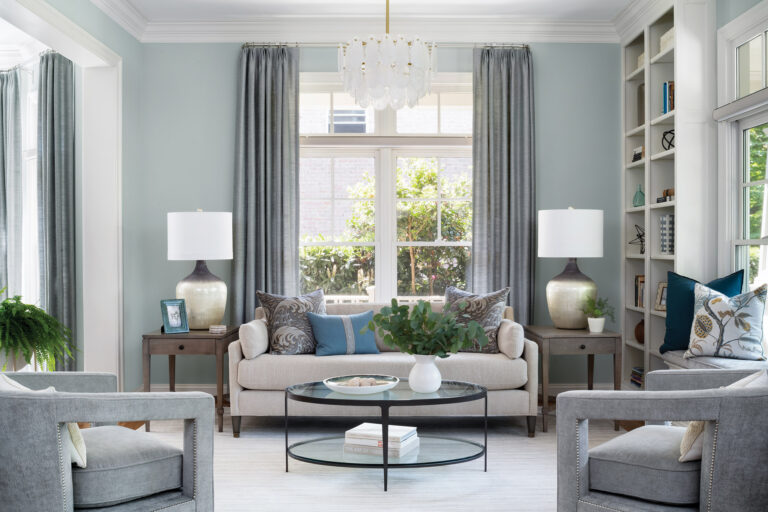 Kravet window coverings and an Arteriors chandelier. INTERIOR DESIGN: Manlove and Company Interiors PHOTOGRAPHY: Stylish Productions