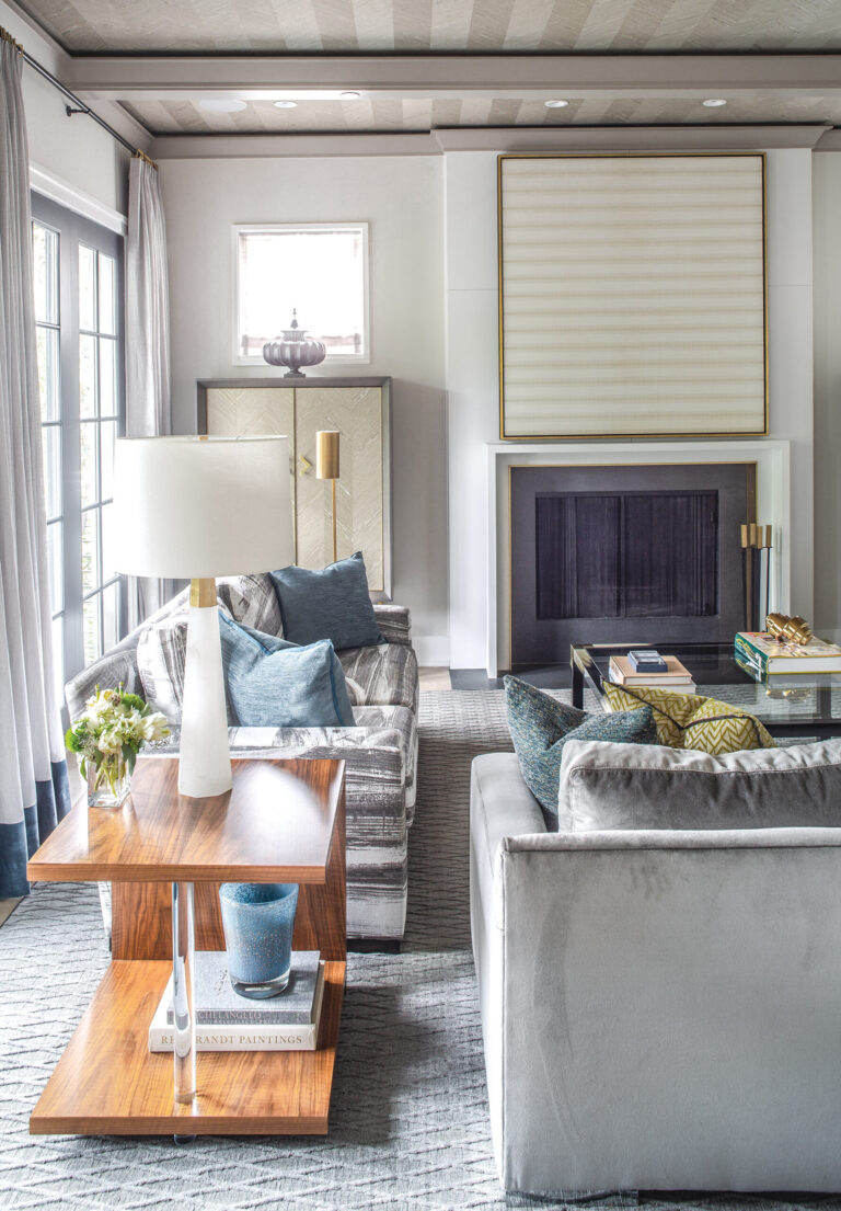Sroka updated a Chevy Chase home with a wood ceiling in a herringbone pattern, custom mantel and contemporary moldings. INTERIOR DESIGN: Sroka Design, Inc. PHOTOGRAPHY: Erik Kvalsvik