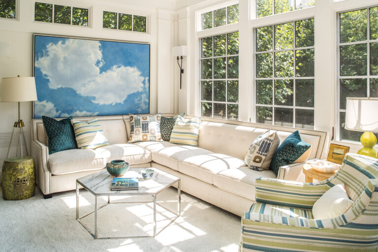 Sroka kept the upholstery, walls and carpet light to amplify the sunlight in a custom residence in DC’s Phillips Park. INTERIOR DESIGN: Sroka Design, Inc. PHOTOGRAPHY: Erik Kvalsvik